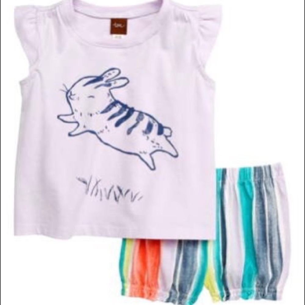 Tea Collection bunny shirt and rainbow shorts 9-12